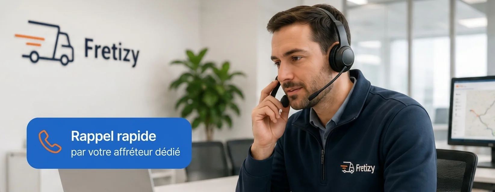 Affréteur Fretizy au téléphone dans ses bureaux, prêt à rappeler le client pour confirmer son transport
