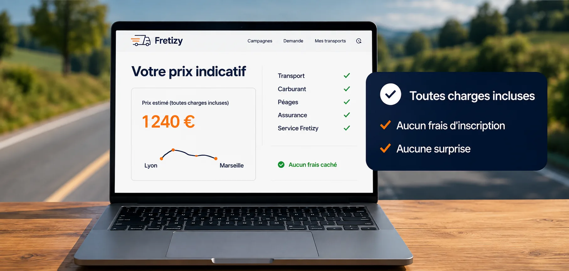 Simulateur Fretizy affichant un prix indicatif de transport Lyon-Marseille à 1 240 € toutes charges incluses, sans frais caché