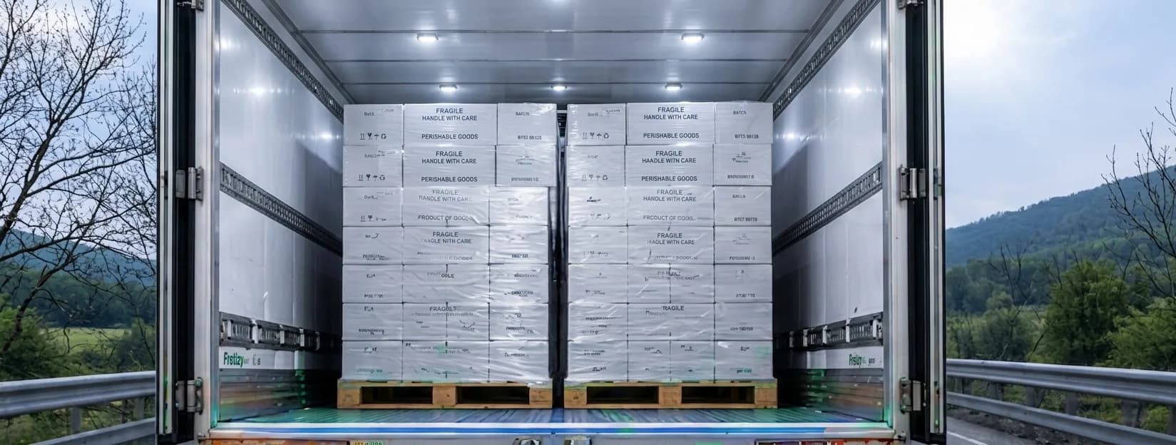 Intérieur d’un camion frigorifique complet chargé de palettes de denrées périssables filmées