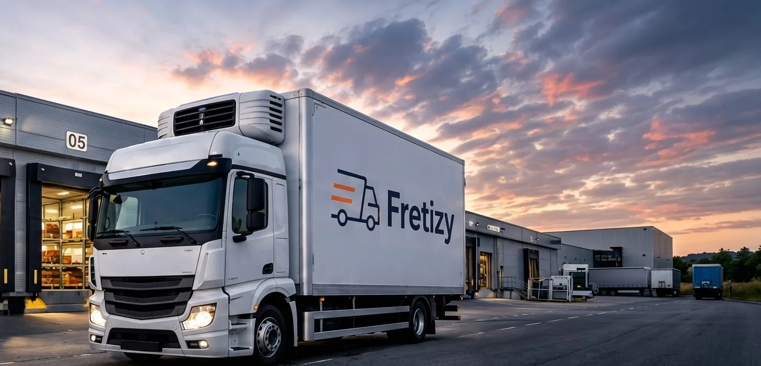 Camion frigorifique aux couleurs Fretizy devant un quai de chargement d’entrepôt au coucher du soleil