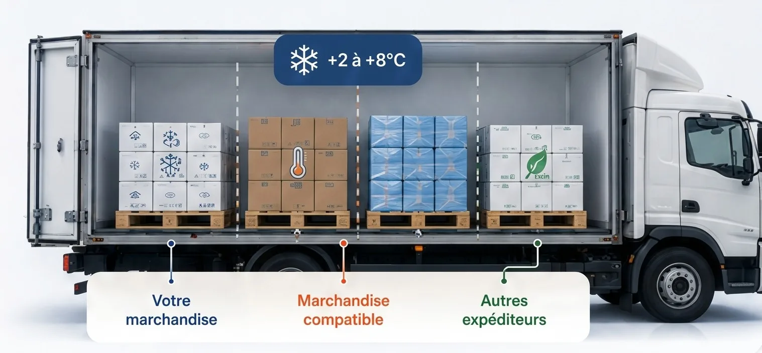 Camion frigorifique en coupe à +2 à +8 °C partageant l’espace entre votre marchandise, des marchandises compatibles et d’autres expéditeurs