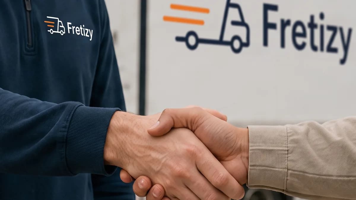 Affréteur Fretizy serrant la main d’un client devant un camion aux couleurs Fretizy