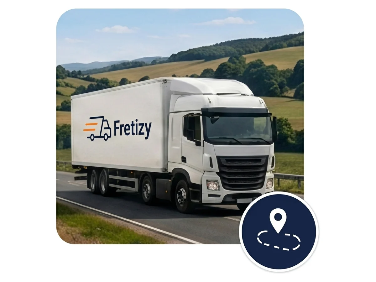 Camion aux couleurs Fretizy sur la route avec suivi de livraison des palettes
