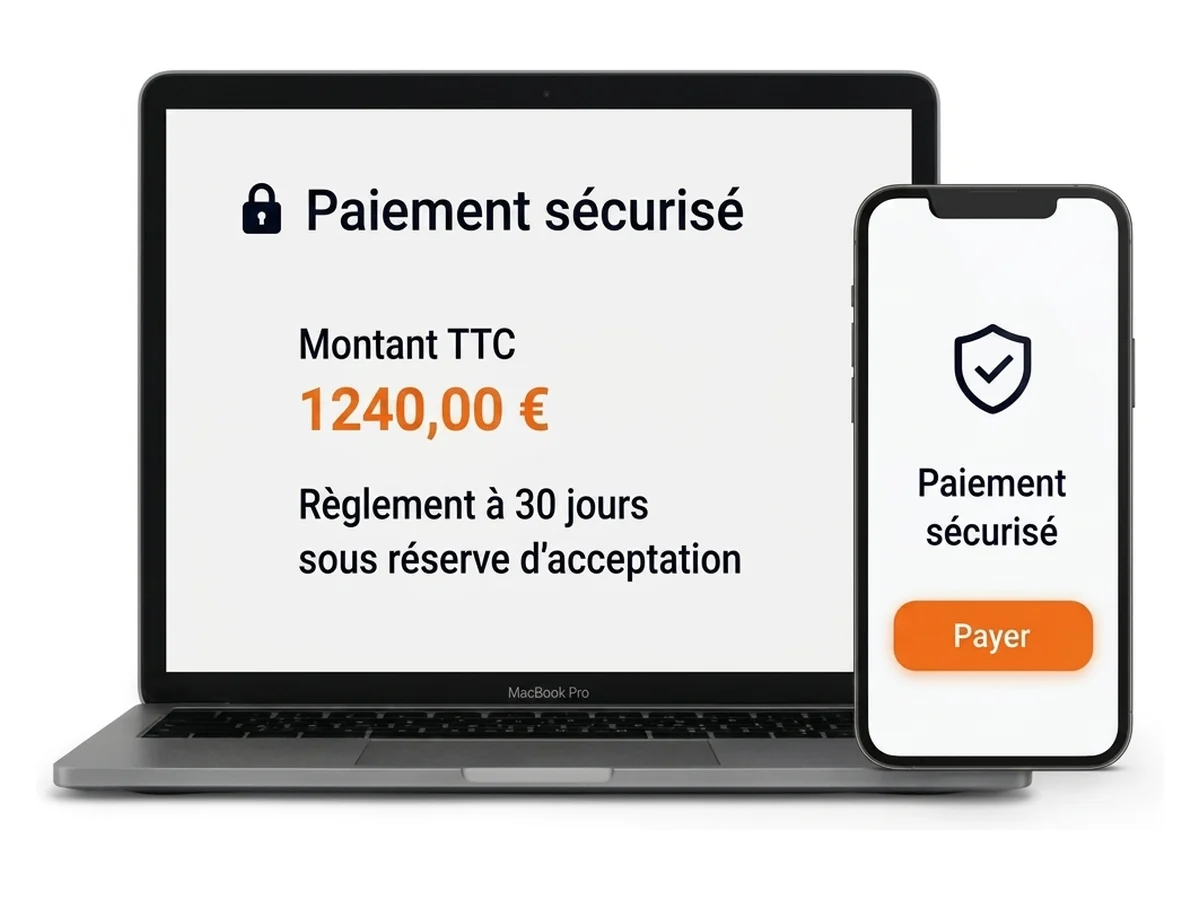 Lien de paiement sécurisé Fretizy sur ordinateur et mobile, règlement à 30 jours sous réserve d’acceptation