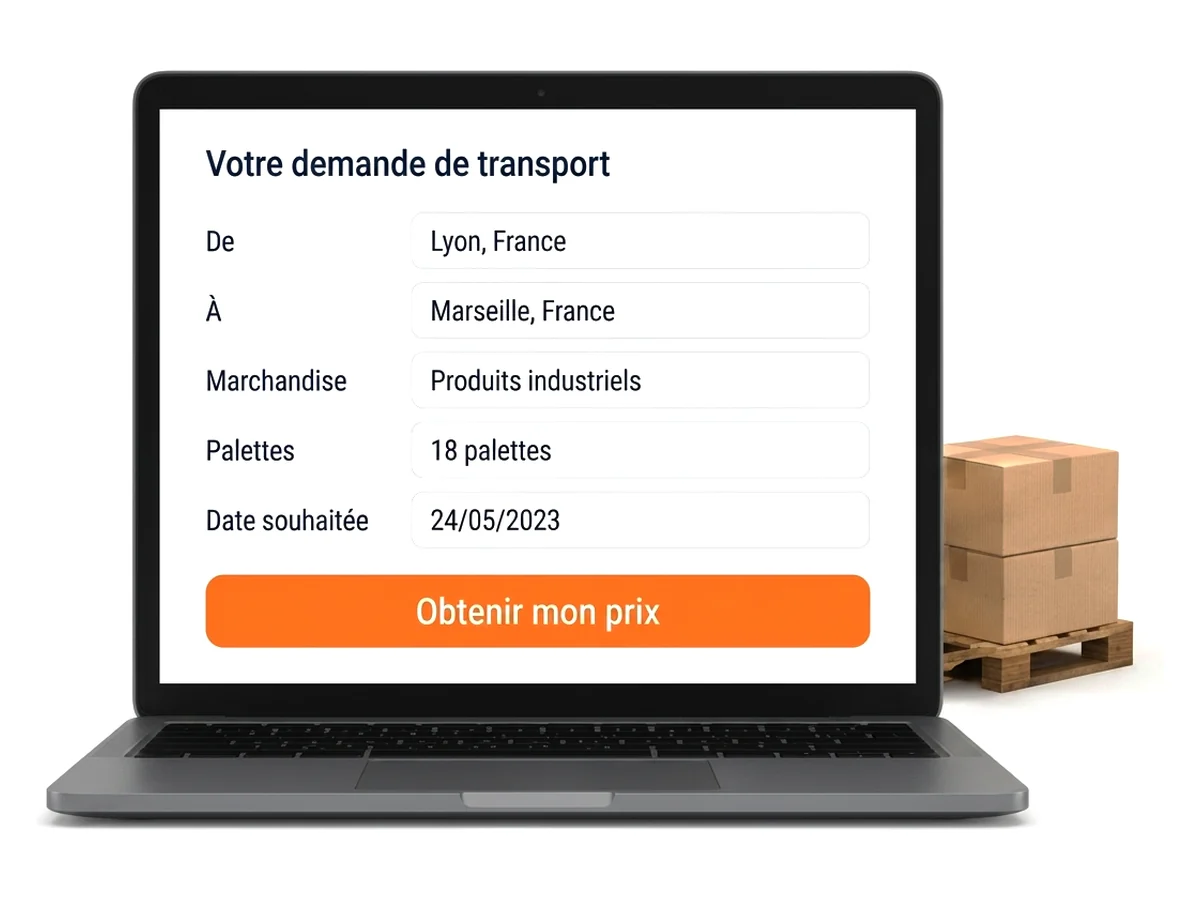 Formulaire de demande de transport Fretizy sur ordinateur portable : origine, destination, nombre de palettes et date souhaitée