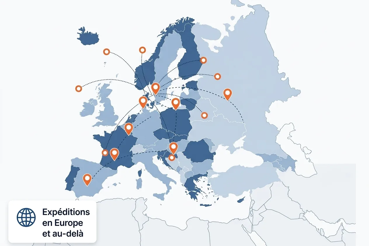 Carte d’Europe des expéditions Fretizy vers l’Espagne, l’Italie, l’Allemagne, la Pologne, la Belgique et au-delà
