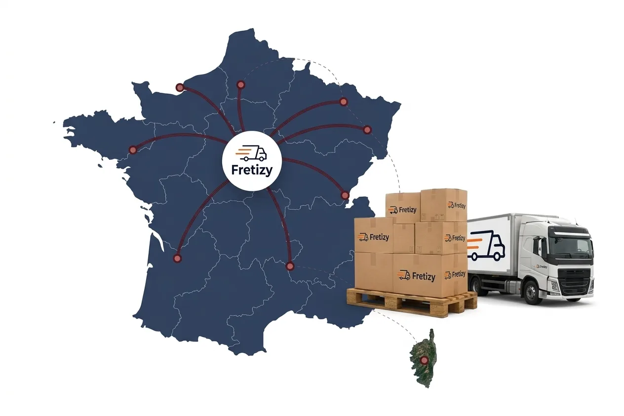 Carte de France du réseau Fretizy reliant les grandes villes et la Corse, avec palettes de cartons et camion aux couleurs Fretizy